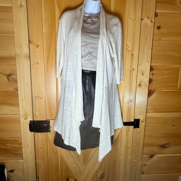 EILEEN FISHER Lightweight Linen Blend Cream Long Open Cardigan Duster Sweater L - Picture 4 of 11